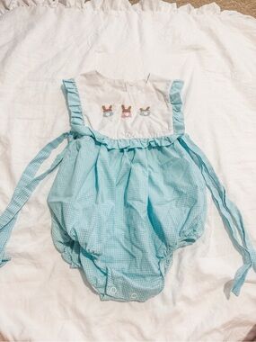 Aqua Gingham Bunny Embroidered Baby One-Piece